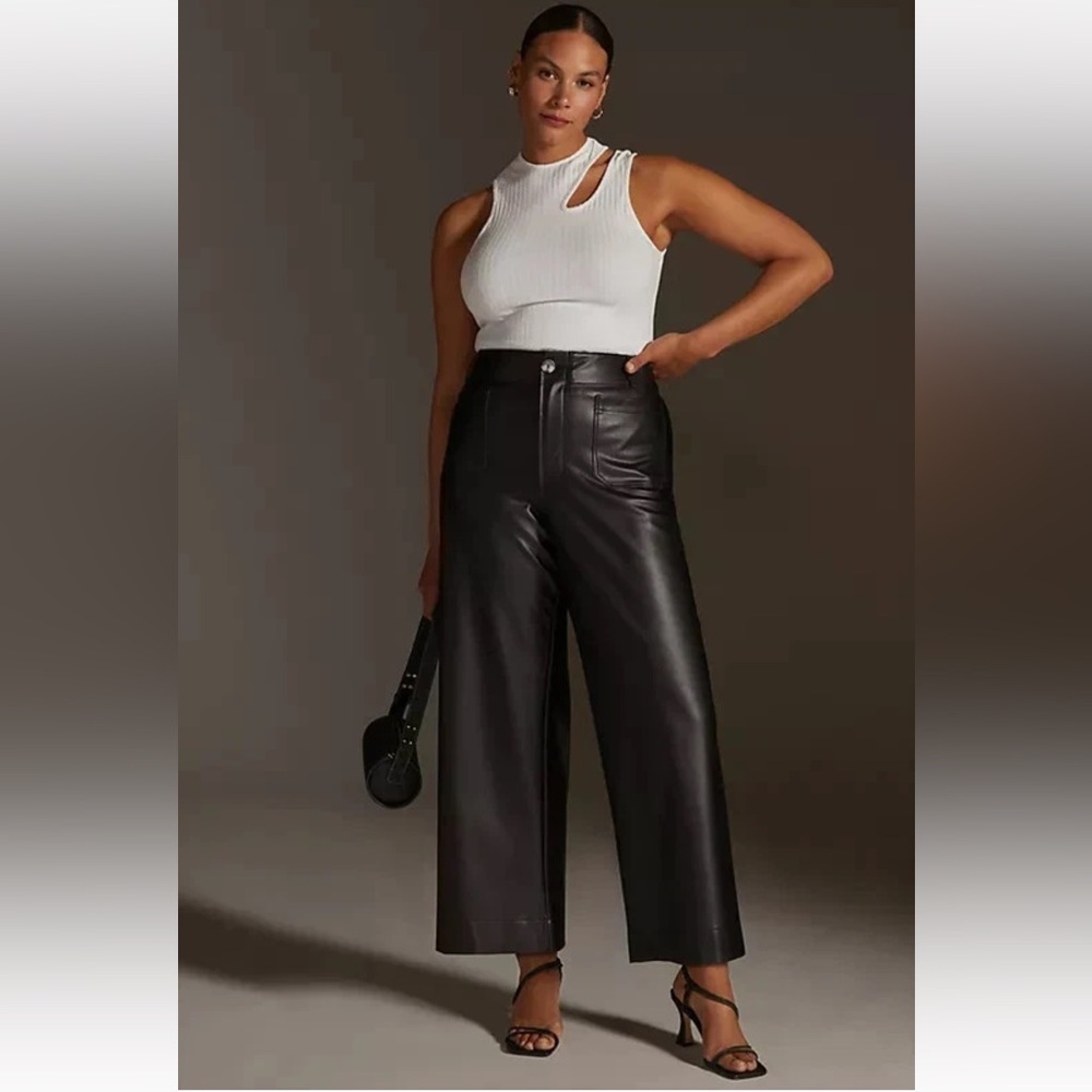 Anthropologie Maeve The Colette Faux-Leather Crop Wide-Leg Pants Size 34 black